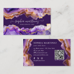 Carte De Visite Code QR marbre abstrait agate violette paillettes