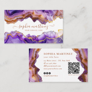 Carte De Visite Code QR marbre doré agate violette abstrait