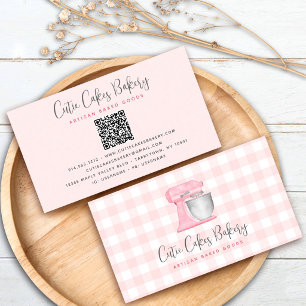 Carte De Visite Code QR mélangeur de cuisine rose pastel Gingham B
