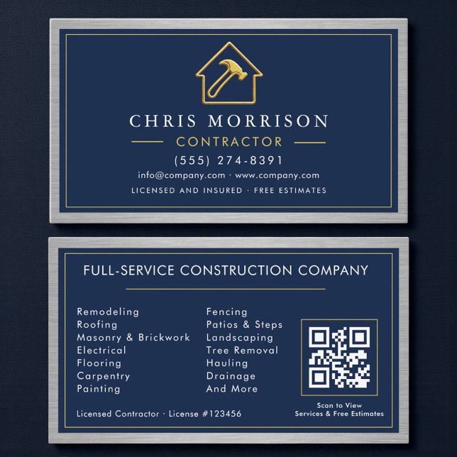 Carte De Visite Code QR métallique Construction de bâtiments Bleu  (Créateur téléchargé)