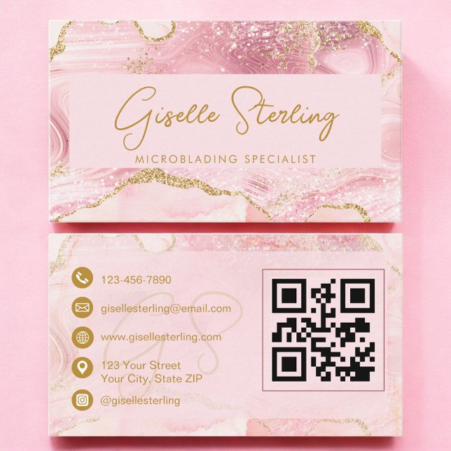 Carte De Visite Code QR Microblading Luxueux Rose Pâle Agate Or (Créateur téléchargé)