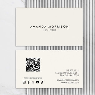 Carte De Visite Code QR minimaliste de luxe ivoire médias sociaux