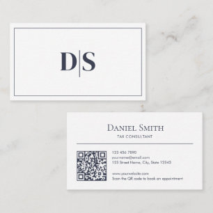 Carte De Visite Code QR minimaliste gris foncé sur initiales blanc