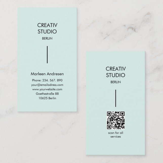 Carte De Visite Code QR minimaliste moderne menthe noir (Devant / Derrière)