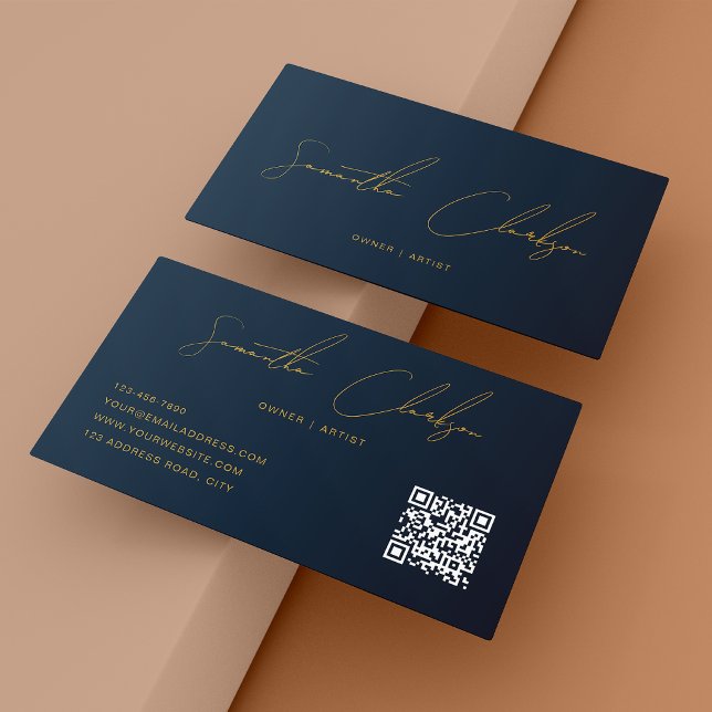 Carte De Visite Code QR Moderne Bleu Nuit & Or Écriture Manuscrite (Créateur téléchargé)