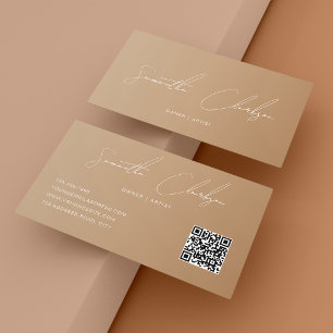 Carte De Visite Code QR Moderne Complet Boho Beige Écriture Manusc
