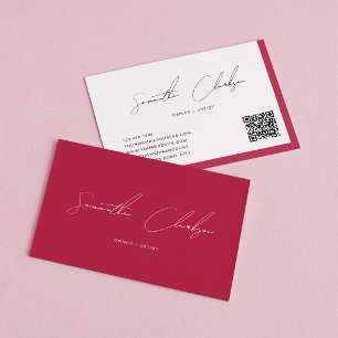 Carte De Visite Code QR Moderne Magenta Rose Chaud Écriture Manusc