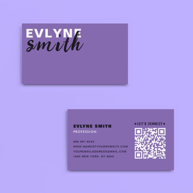 Carte De Visite Code QR moderne violet tendance Script noir et bla (Créateur téléchargé)