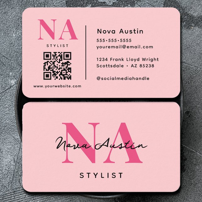 Carte De Visite Code QR Monogram Luxe Tendance Esthétique Rose Cha (Créateur téléchargé)