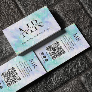 Carte De Visite Code QR monogrammé à l'encre alcoolique verte et v