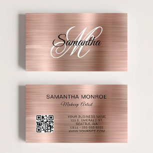 Carte De Visite Code QR Monogramme Fantaisie Feuille D'Or Rose