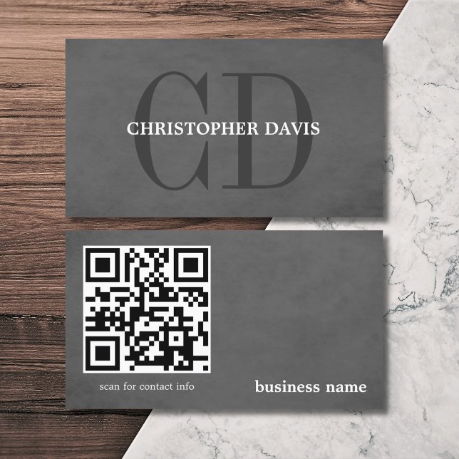 Carte De Visite Code QR monogramme gris texture élégante moderne (Créateur téléchargé)