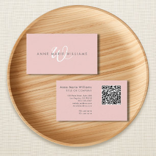 Carte De Visite Code QR Monogramme Moderne Rose Pâle Blanc