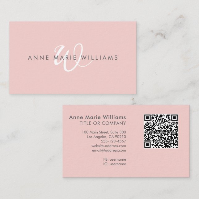 Carte De Visite Code QR Monogramme Moderne Rose Pâle Blanc (Devant / Derrière)