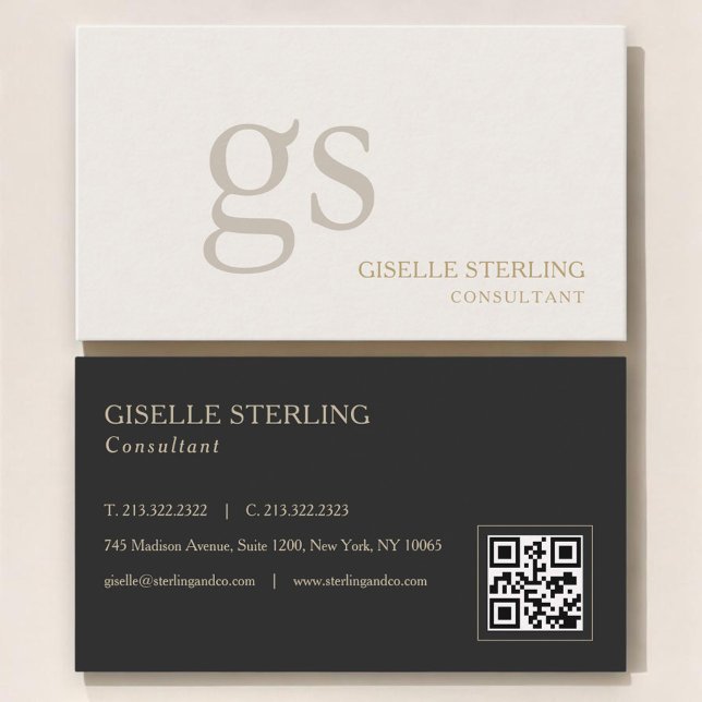 Carte De Visite Code QR Monogramme Neutre Beige Professionnel (Créateur téléchargé)