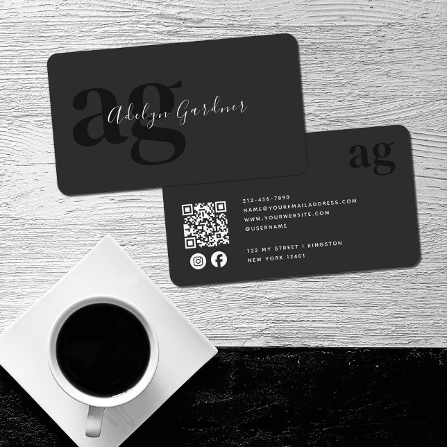 Carte De Visite Code QR Monogramme Noir Blanc Script Réseaux Socia (Créateur téléchargé)
