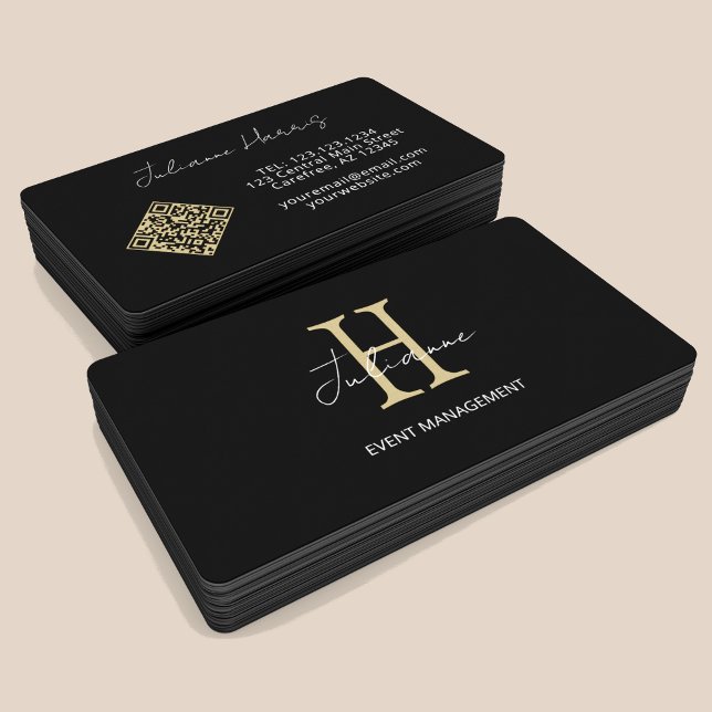 Carte De Visite Code QR monogramme noir or (Créateur téléchargé)