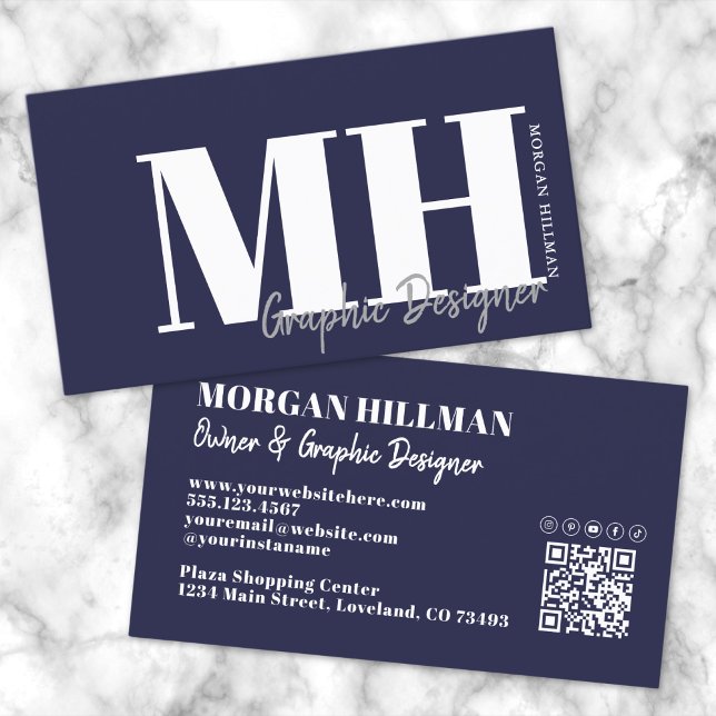 Carte De Visite Code QR Monogramme Simple Bleu Marine (Navy Blue QR Code Simple Monogram Business Card )