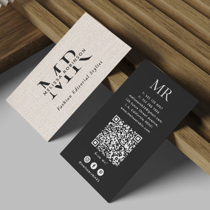 Carte De Visite Code QR Monogramme Simple Faux Burlap Noir & Blanc