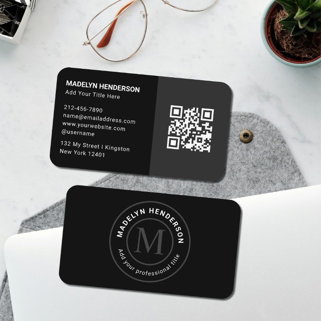 Carte De Visite Code QR Monogramme Tampon Noir Simple Moderne 2 (Créateur téléchargé)