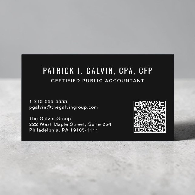 Carte De Visite Code QR noir comptable CPA (CPA Accountant Black QR Code Business Card)