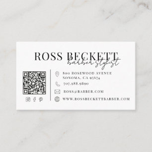 Carte De Visite Code QR noir et blanc moderne pour barbier
