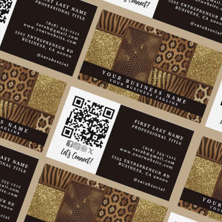 Carte De Visite Code QR | Patchwork Africain Luxueux Brun + Or |