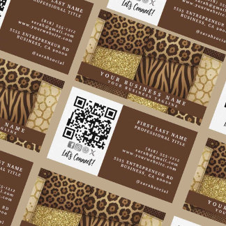 Carte De Visite Code QR | Patchwork Africain Luxueux Brun + Or |