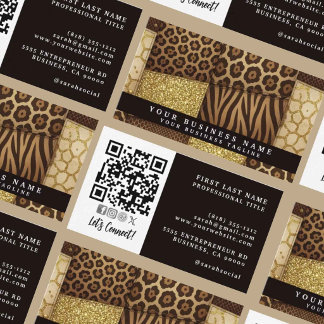 Carte De Visite Code QR | Patchwork Africain Luxueux Brun + Or |