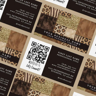 Carte De Visite Code QR | Patchwork Africain Luxueux Marron + Or |