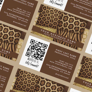 Carte De Visite Code QR | Patchwork Africain Luxueux Marron + Or |