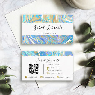 Carte De Visite Code QR Pearlescent Aqua & Gold Liquid Marble