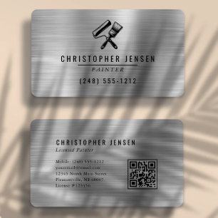 Carte De Visite Code QR Peintre Argent Métal Noir Arrondi