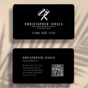 Carte De Visite Code QR Peintre Peinture Arrondie Noir et Blanc
