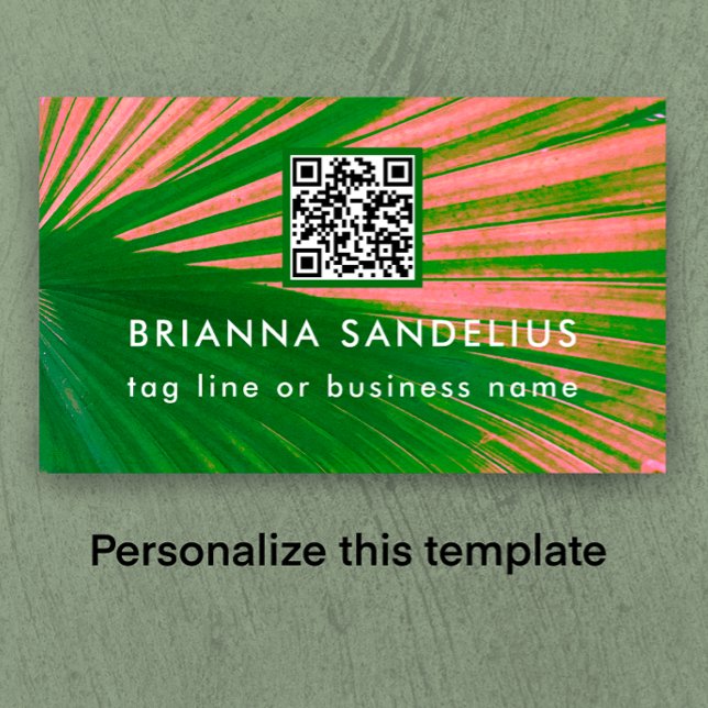 Carte De Visite Code QR personnalisé moderne unique rose et vert p (Add your name, business contact information and QR code to my original colorful botanical design.)