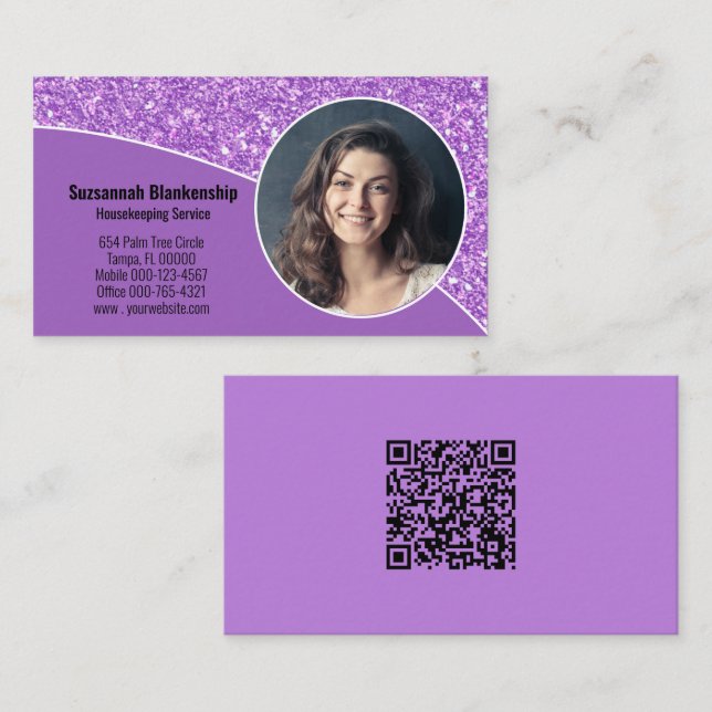 Carte De Visite Code QR personnalisé professionnel violet photo su (Devant / Derrière)