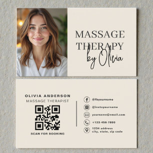 Carte De Visite Code QR photo beige neutre Thérapeute de massage