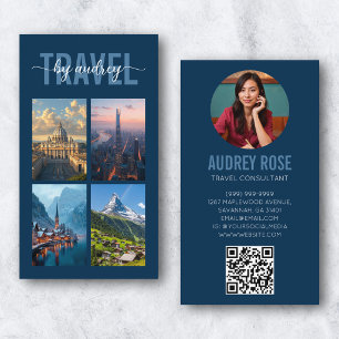 Carte De Visite Code QR photo d'agent de voyages consultant bleu m