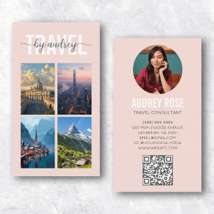 Carte De Visite Code QR photo d'agent de voyages consultant rose b