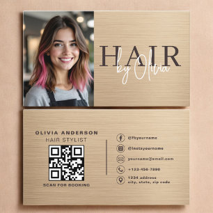 Carte De Visite Code QR photo de coiffeur beige métallisé neutre