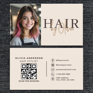 Carte De Visite Code QR photo de coiffeur beige neutre 