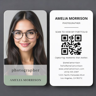 Carte De Visite Code QR photo de photographe Vert Sage Photo
