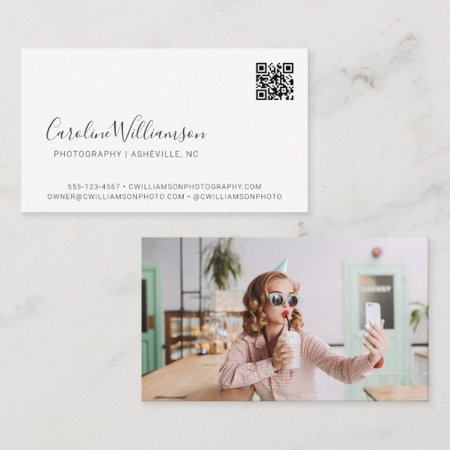 Carte De Visite Code QR photo de script blanc moderne minimal tend (Devant / Derrière)