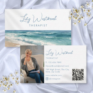 Carte De Visite Code QR photo de thérapeute élégant plage aquarell