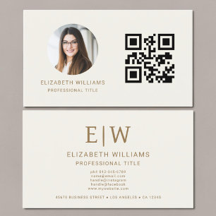 Carte De Visite Code QR Photo Monogramme Or Neutre