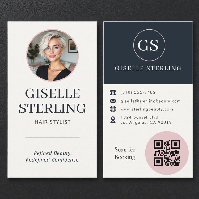 Carte De Visite Code QR photo rose et marine pour coiffeur (Créateur téléchargé)
