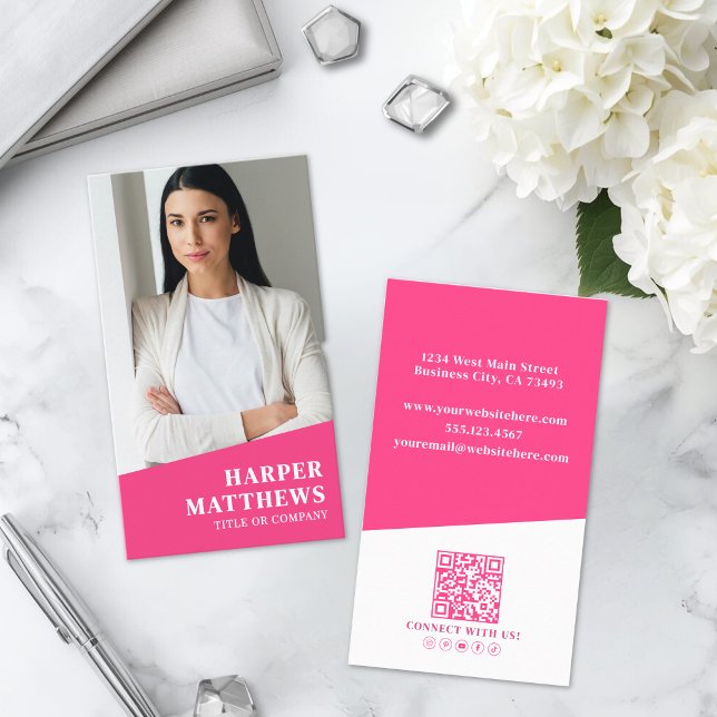 Carte De Visite Code QR Photo Rose Vertical (Pink Photo QR Code Vertical Business Card )