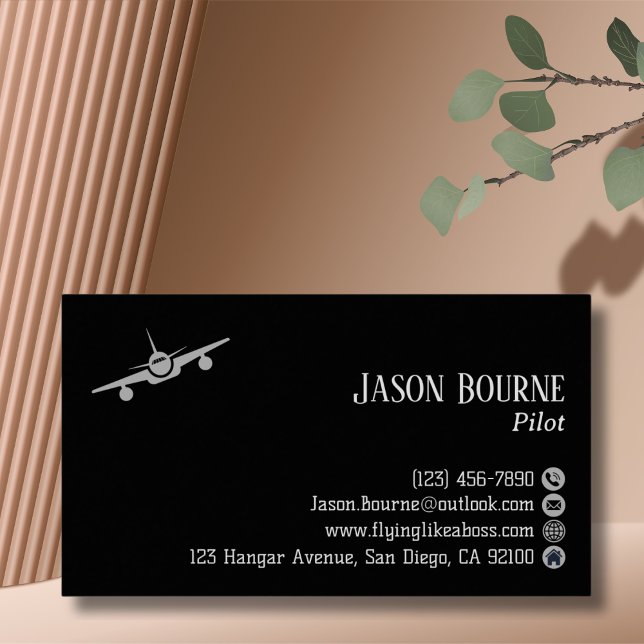 Carte De Visite Code QR professionnel, Aviation, Noir Argent Moder (Créateur téléchargé)