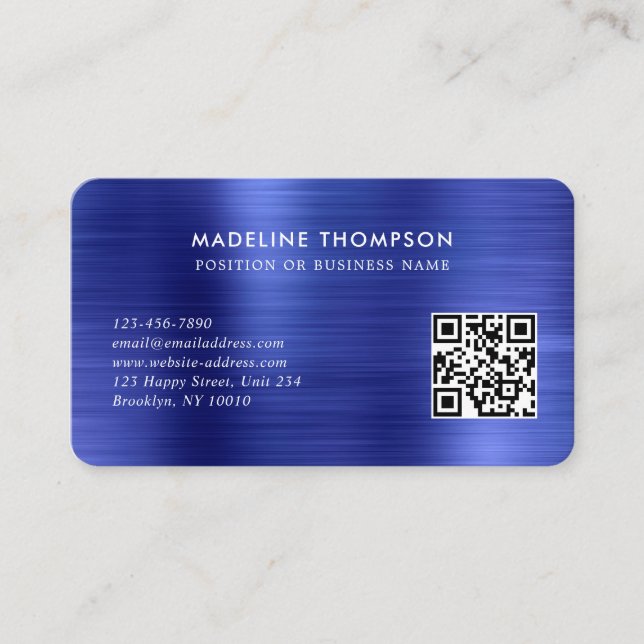 Carte De Visite Code QR professionnel brossé en métal bleu logo (Devant)