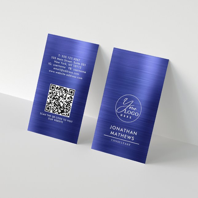 Carte De Visite Code QR professionnel brossé en métal bleu logo (Créateur téléchargé)